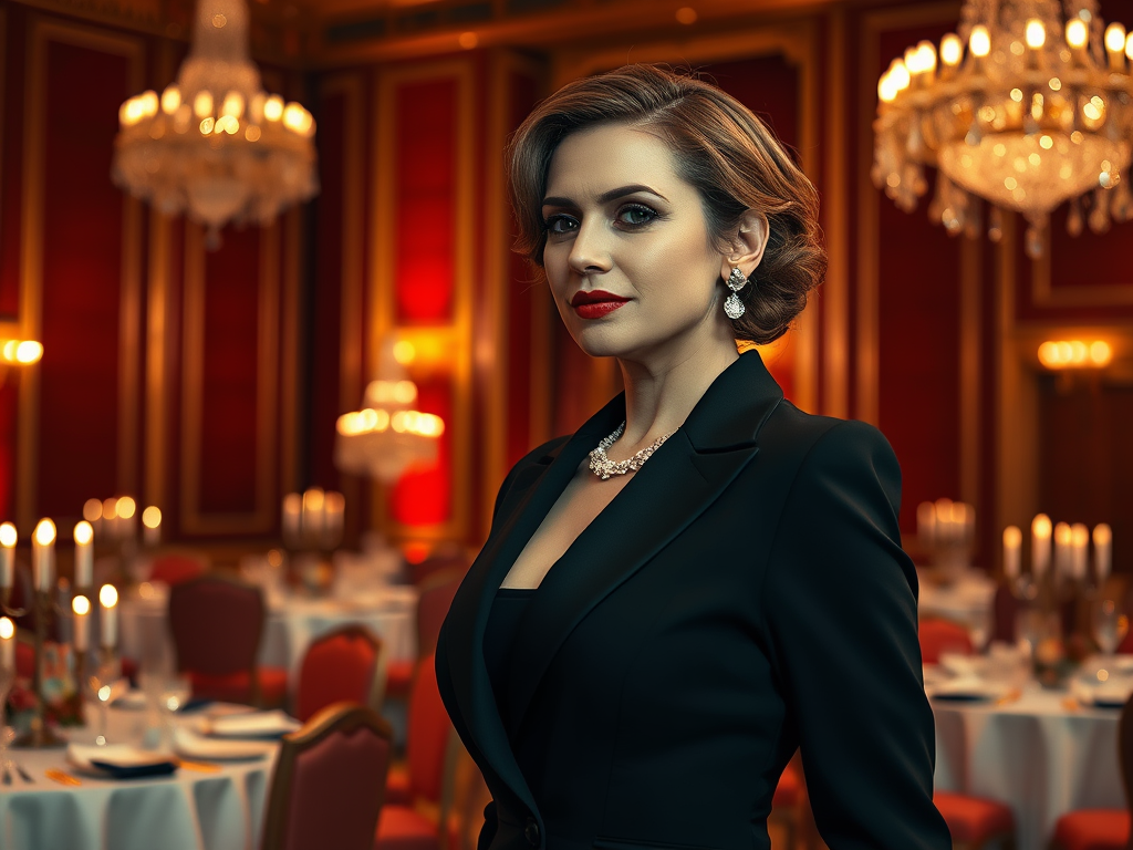 Elegancka kobieta w czarnym garniturze na tle wystawnej restauracji z świecami i kryształowymi żyrandolami.