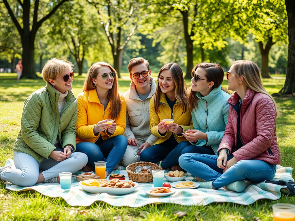 Grupa przyjaciół cieszy się piknikiem w parku, siedząc na kocu, otoczona zielonymi drzewami.