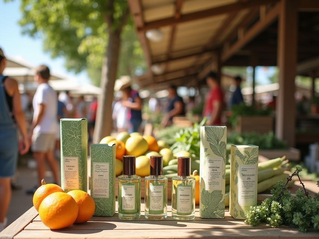 Kosmetyki na targu: pomarańcze i produkty pielęgnacyjne na tle ludzi przeglądających stragany.